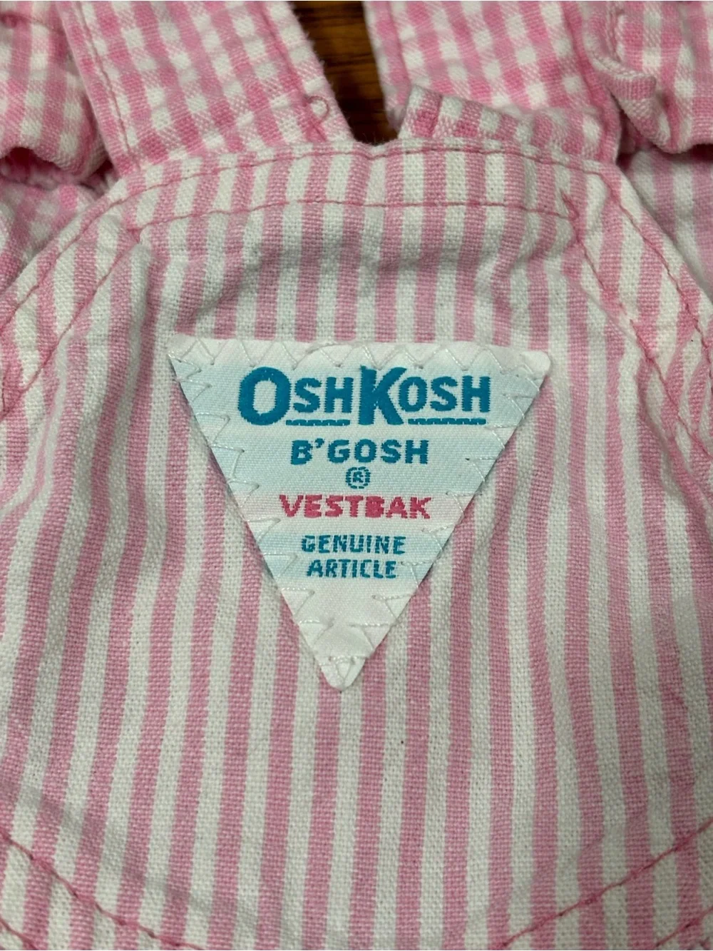 Vintage OshKosh B'gosh Baby Denim Bubble Romper Overalls Pink White 6-9 month